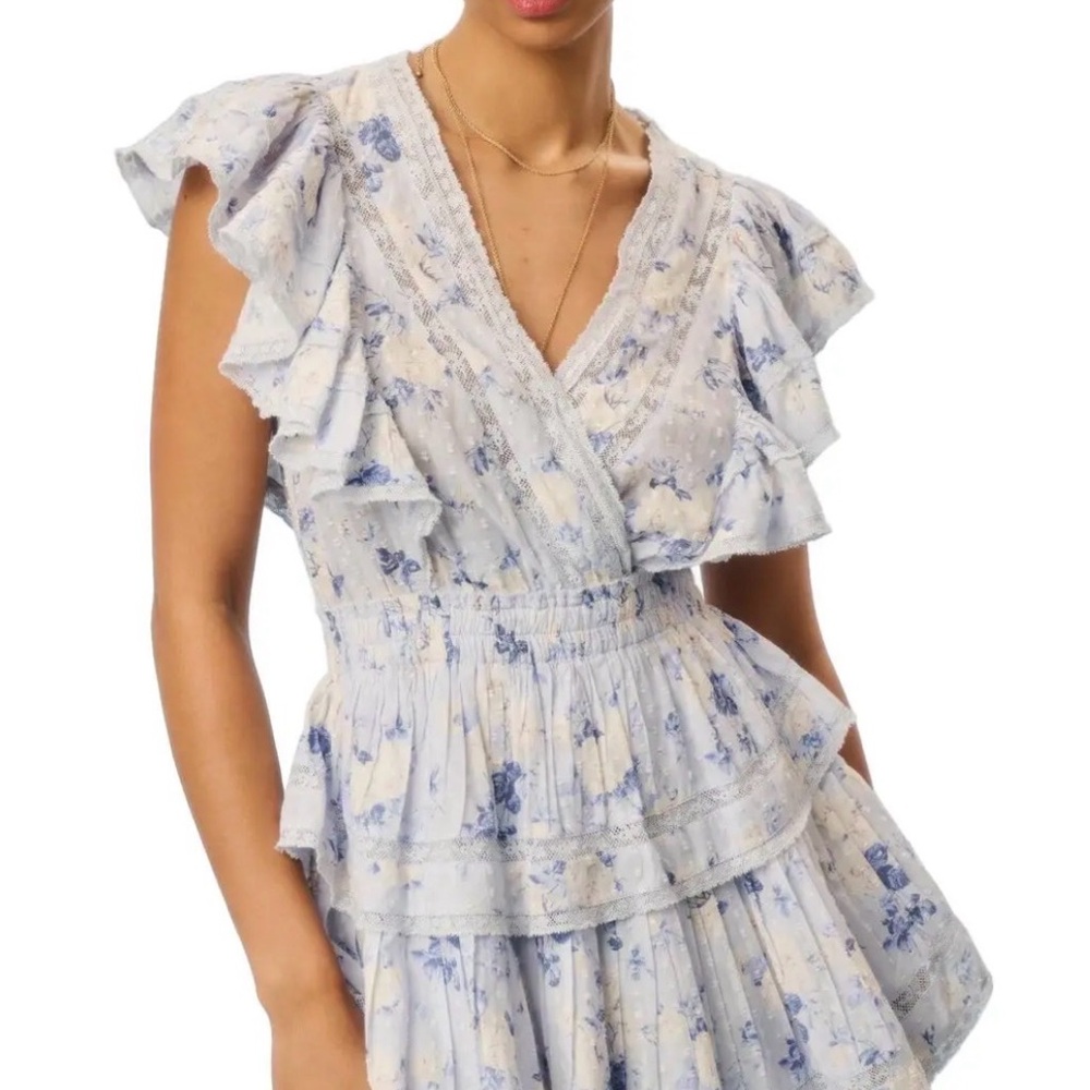 LOVESHACKFANCY Gwen Heirloom Print Cotton Mini Dress -Whisper Blue, NWT XS - Picture 2 of 2